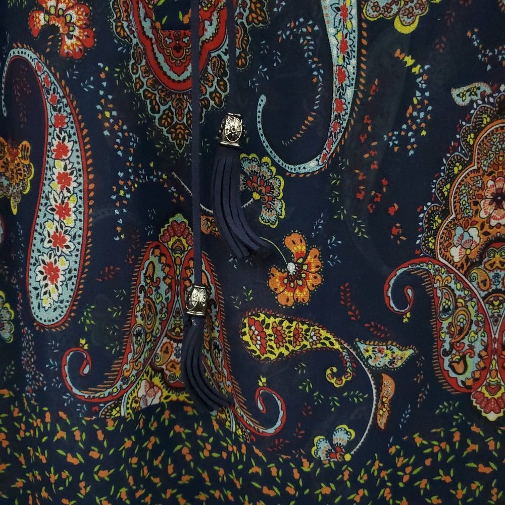 DR2 Vivid Tassel V Neck Paisley Long Sleeve Blouse - Picture 6 of 12